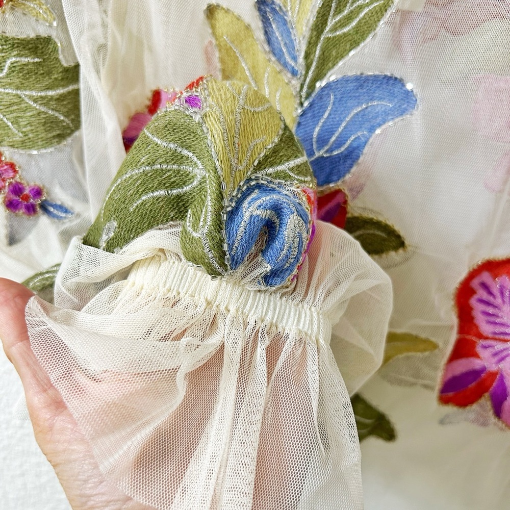 NEW XXS Anthropologie Layla Mesh Appliqué Long Sleeve Floral Embroidered Blouse - Picture 7 of 10